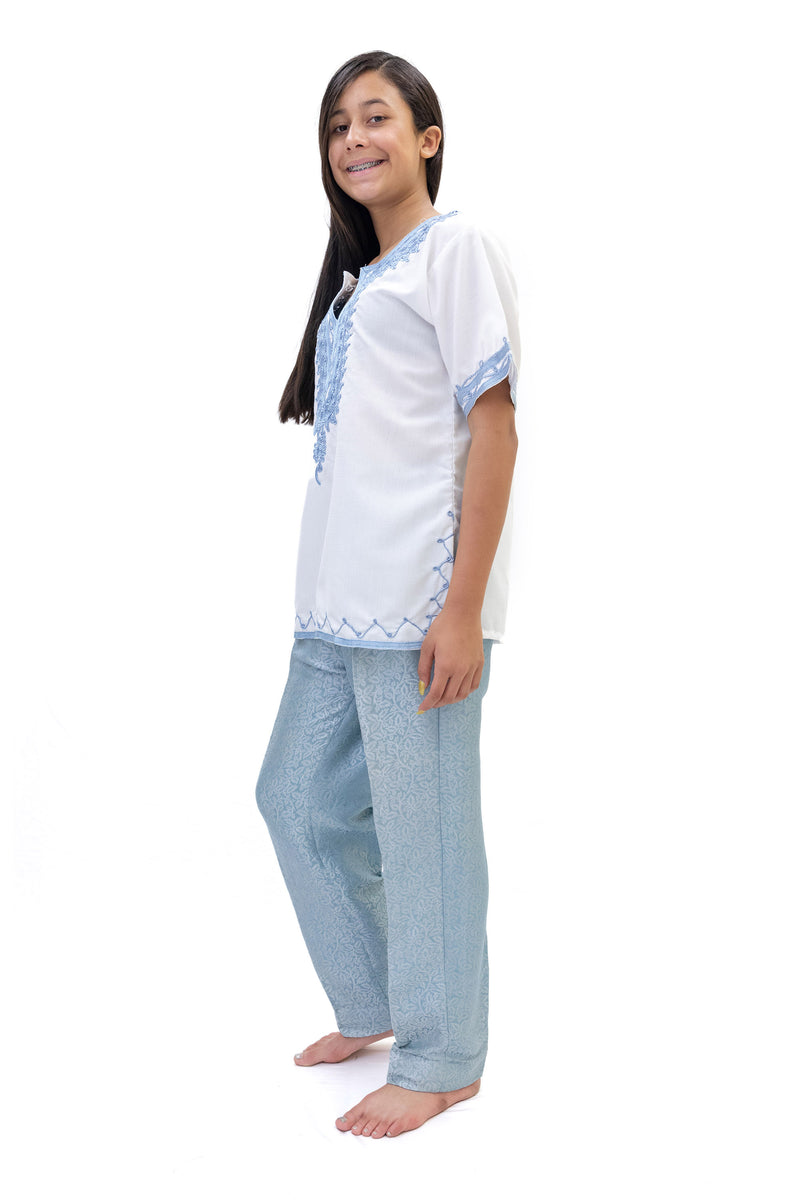 White Cotton Shirt With Blue Embroidery - Casual South Asian Fashion