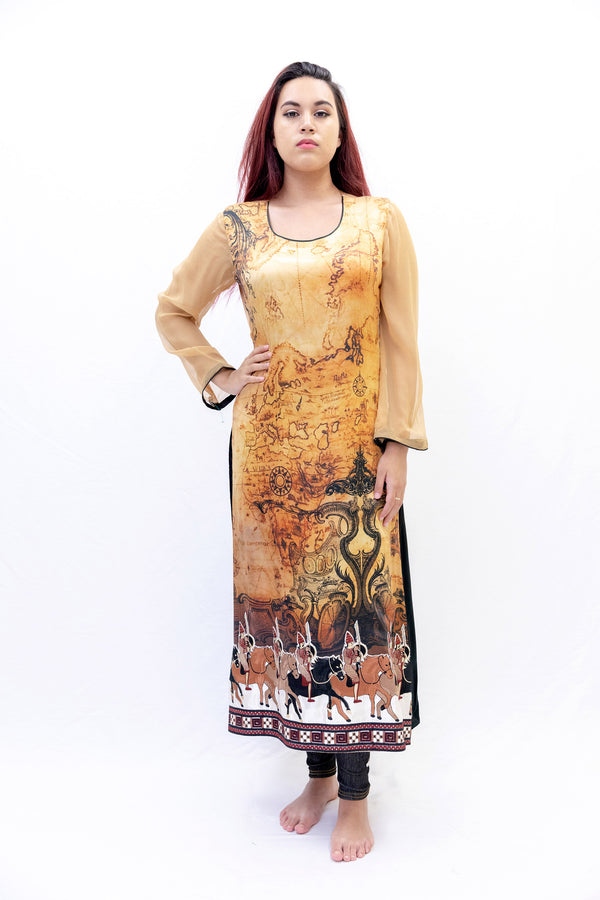 Asim Jofa Beige & Black Silk Chiffon Shirt - South Asian Fashion