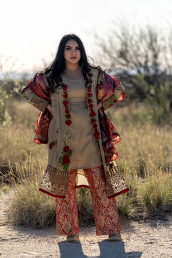 Chiffon Rose Embroidery Suit with Brocade-Jamawar Pants and Silk Scarf- Trendz & Traditionz Boutique 