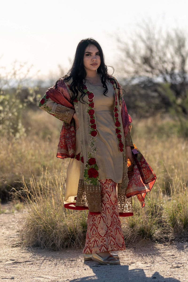 Chiffon Rose Embroidery Suit with Brocade-Jamawar Pants and Silk Scarf- Trendz & Traditionz Boutique 