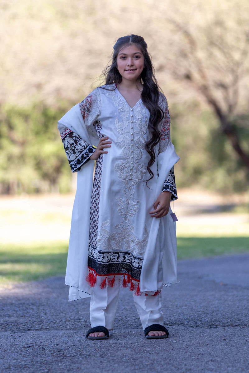 White Embroidery Suit with Silk Pants & Silk Dupatta-Scarf- Trendz & Traditionz Boutique 