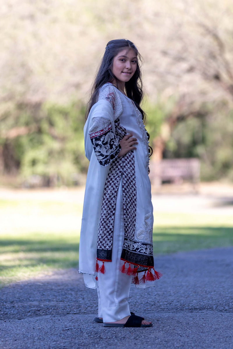 White Embroidery Suit with Silk Pants & Silk Dupatta-Scarf- Trendz & Traditionz Boutique 