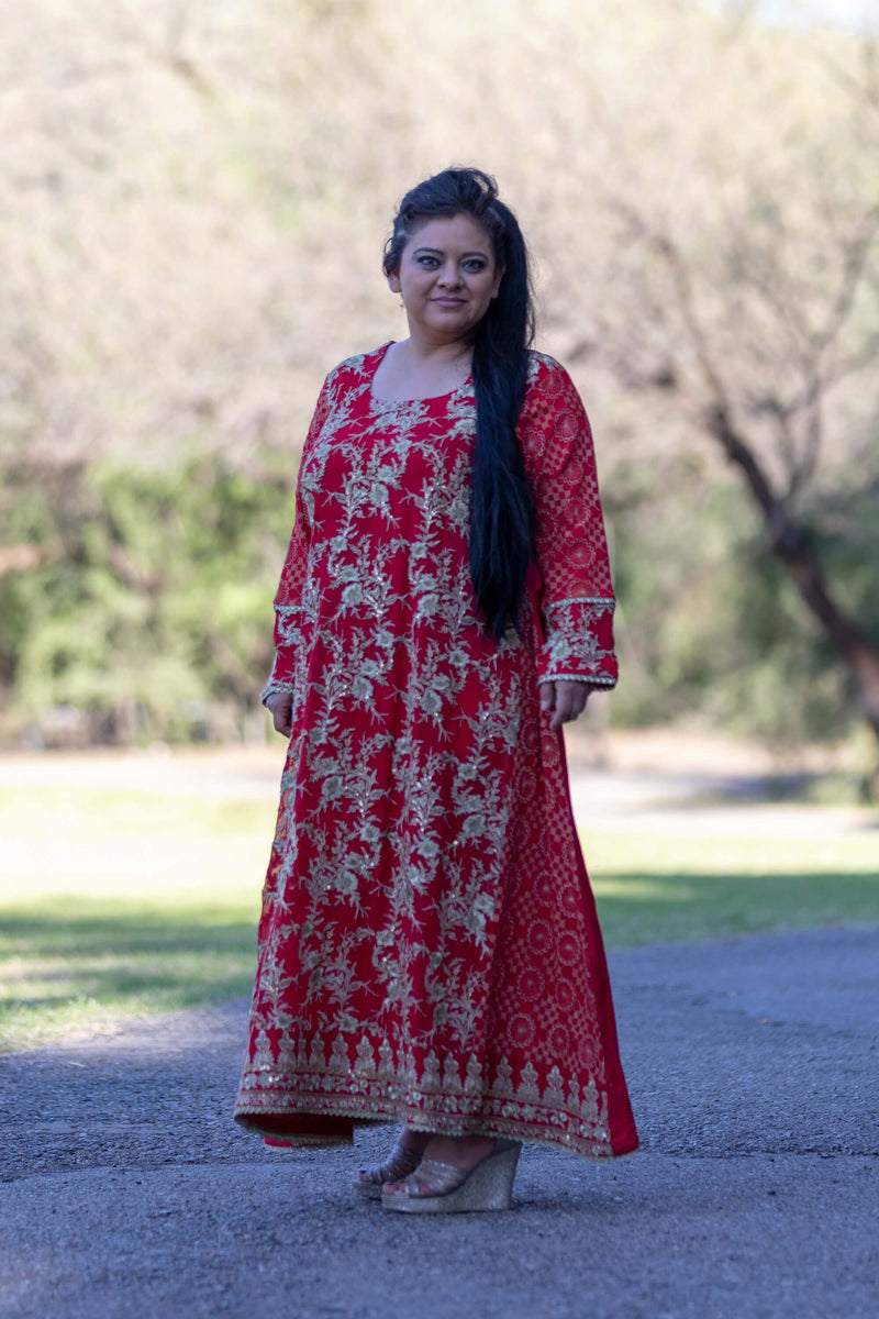 Red Silk Chiffon Dress with Golden Embroidery- Trendz & Traditionz Boutique 