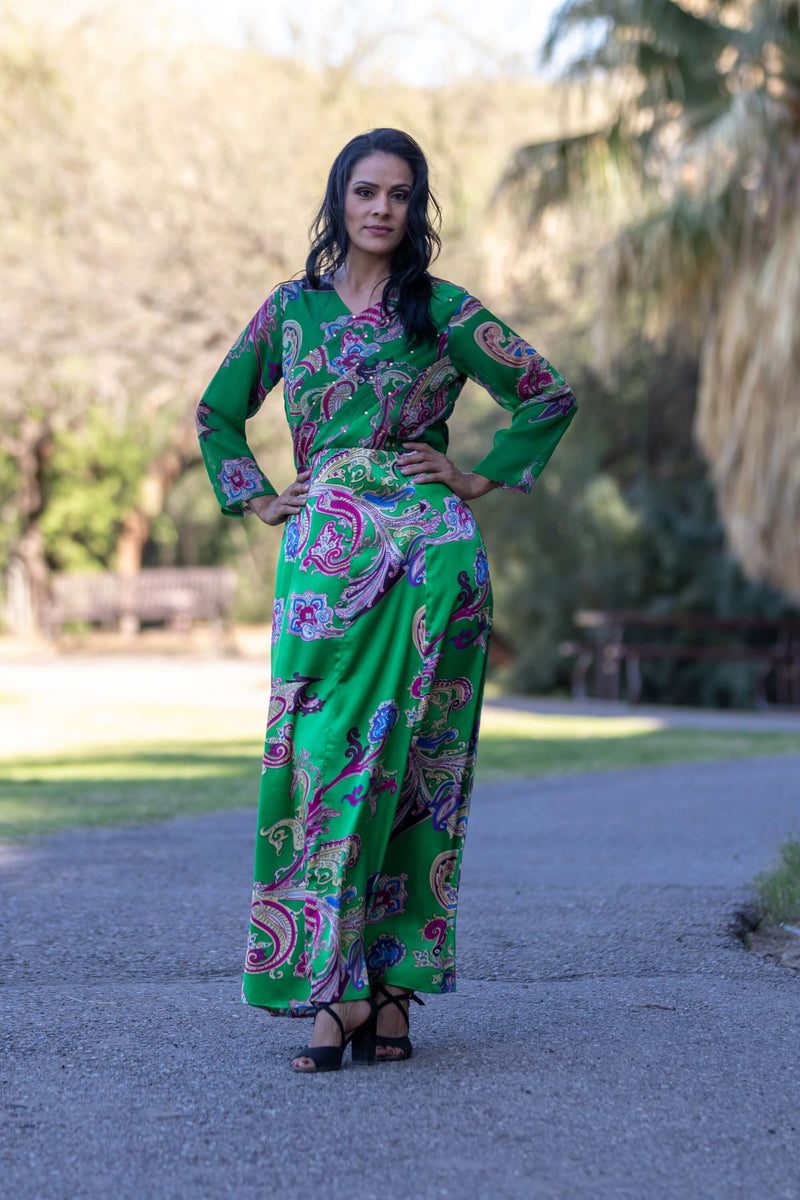 Green Long Sleeve Silk and Chiffon Dress - Trendz & Traditionz Boutique 