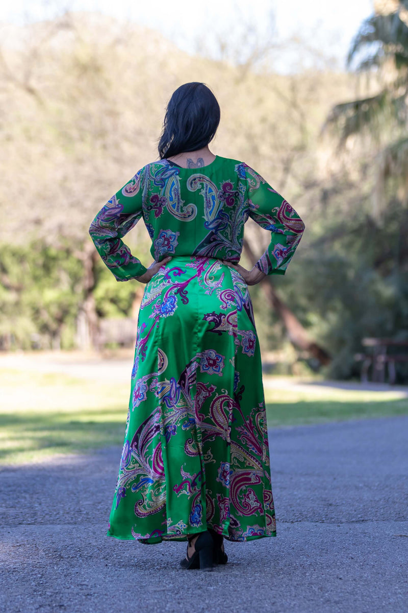 Green Long Sleeve Silk and Chiffon Dress - Trendz & Traditionz Boutique 