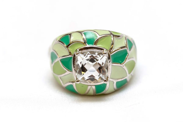 Silver and Green Mosaic Ring with Large Crystal Center Stone - Trendz & Traditionz Boutique