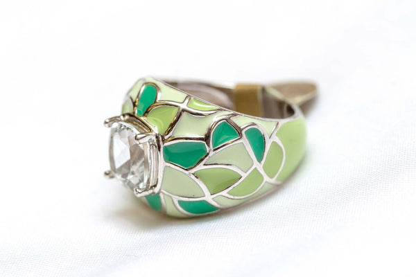 Silver and Green Mosaic Ring with Large Crystal Center Stone - Trendz & Traditionz Boutique