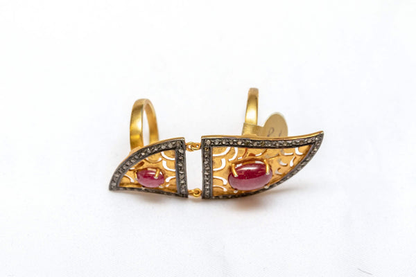 Unique Golden Carved Ruby Ring with 2 Bands - Trendz & Traditionz Boutique
