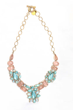 Semi-Precious Necklace with Moonstones, Rose Quartz and Aquamarine Gemstones Necklace