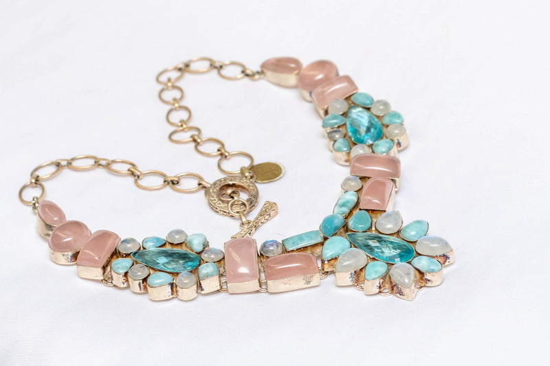 Semi-Precious Necklace with Moonstones, Rose Quartz and Aquamarine Gemstones Necklace