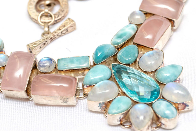 Semi-Precious Necklace with Moonstones, Rose Quartz and Aquamarine Gemstones Necklace