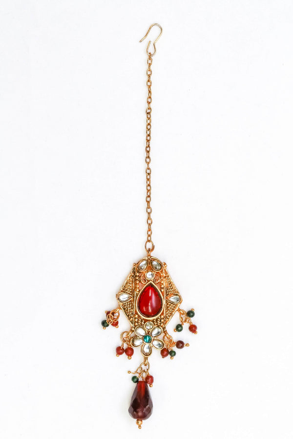 Golden Forehead Jewelry with Red Kundan Center Stone - Trendz & Traditionz Boutique