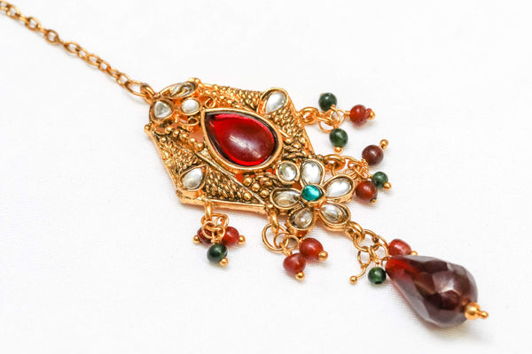Golden Forehead Jewelry with Red Kundan Center Stone - Trendz & Traditionz Boutique