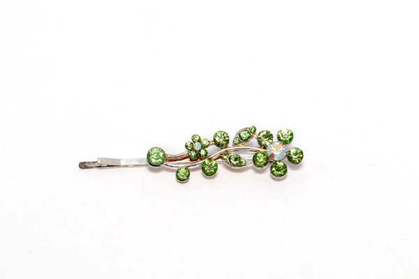 Hair Pin with Green Flower and Leave Rhinestones- Trendz & Traditionz Boutique 