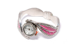 Silver & Pink Leaf Cuff Watch - Bracelet - Silver Bangle with Blue Stones - Bracelet - South Asian Jewelry and Accessories