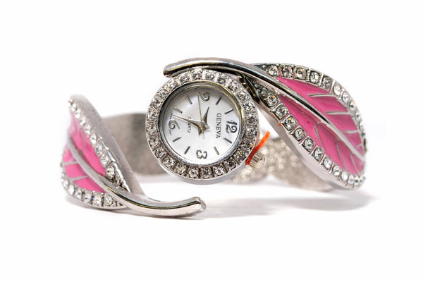Silver & Pink Leaf Cuff Watch - Bracelet - Silver Bangle with Blue Stones - Bracelet - South Asian Jewelry and Accessories