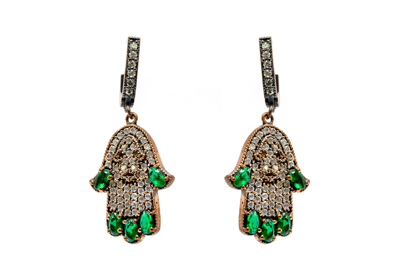 Emerald Green & Turkish Silver Hamsa Earrings - South Asian Jewelry