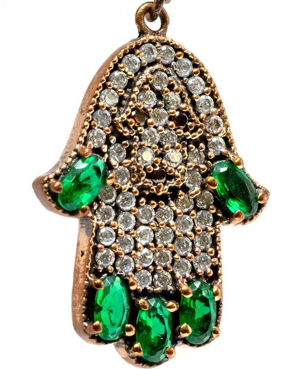Emerald Green & Turkish Silver Hamsa Earrings - South Asian Jewelry