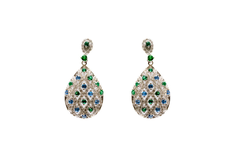 Blue & Green Tear Drop Silver Dangle - Earrings - South Asian Jewelry
