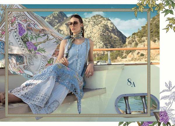 Maria B. Summer Cotton-Lawn Collection- Light Blue Color with a Silk Scarf - Trendz & Traditionz Boutique 